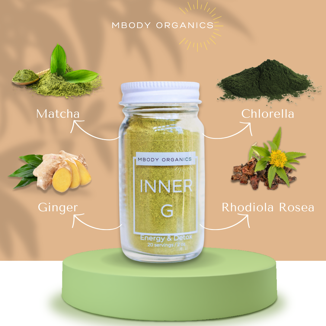 Mbody Organics INNER G powder with illustrations of Matcha, Ginger, Chlorella, and Rhodiola Rosea ingredients surrounding it.