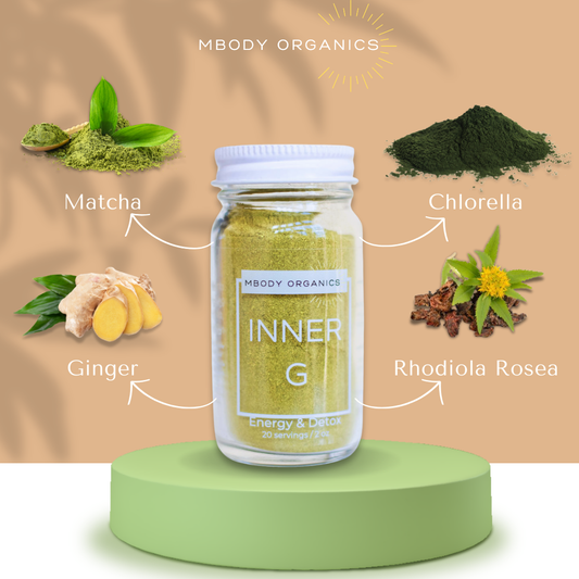 Mbody Organics INNER G powder with illustrations of Matcha, Ginger, Chlorella, and Rhodiola Rosea ingredients surrounding it.