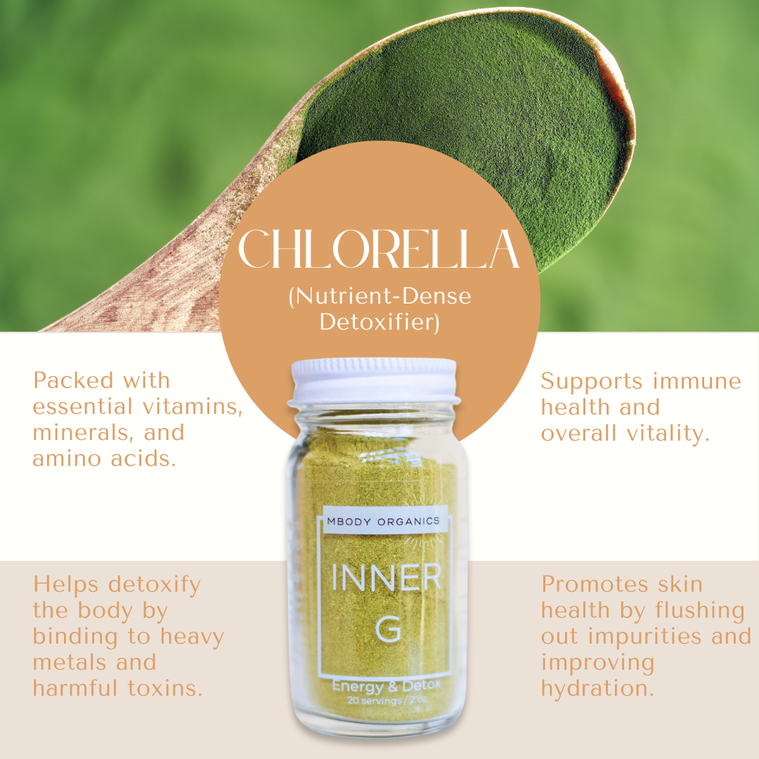Mbody Organics INNER G with Chlorella powder, showcasing its detoxifying and nutrient-dense qualities.