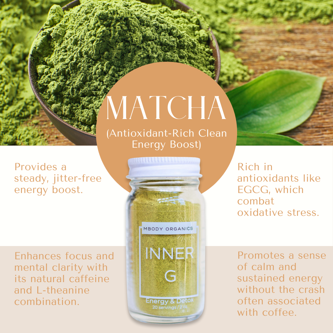 Mbody Organics INNER G with Matcha powder, highlighting its antioxidant and energy-boosting benefits.