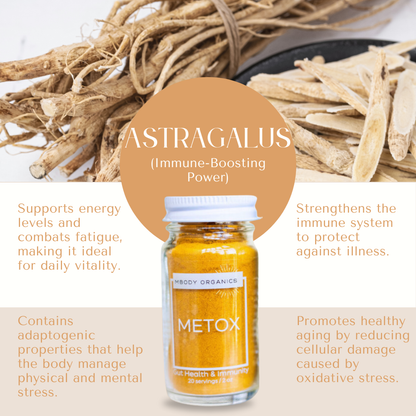 Mbody Organics METOX with Astragalus root, emphasizing its immune-boosting and energy-enhancing qualities.

