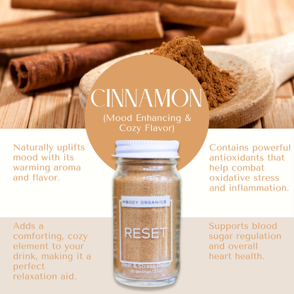 Mbody Organics RESET with Cinnamon, highlighting its mood-enhancing and antioxidant properties.
