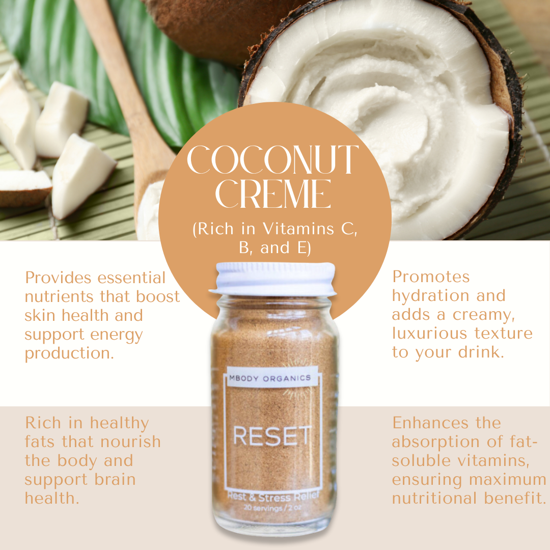 Mbody Organics RESET with Coconut creme, promoting hydration and skin-nourishing qualities.
